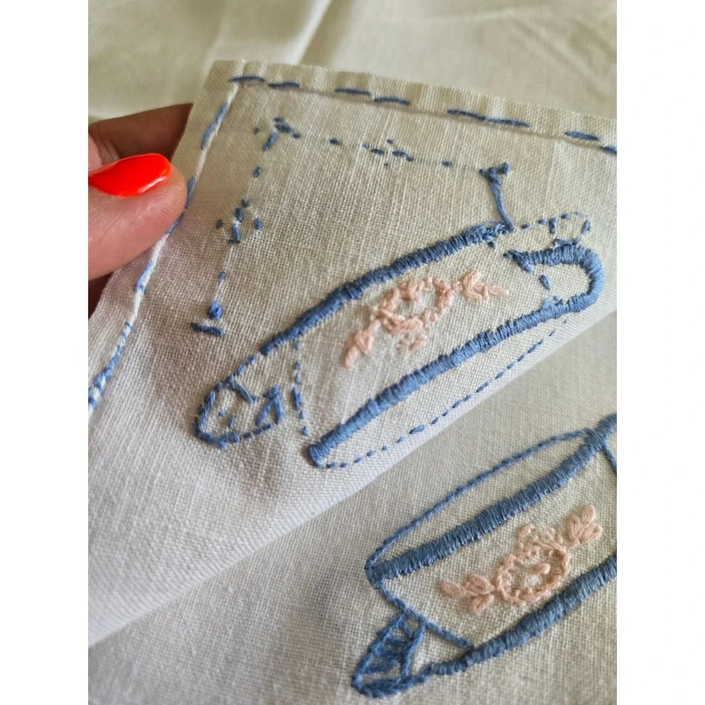 Vintage 4 Hand Embroidered Teacup Napkins Handkerchiefs White Shabby Chic LINEN